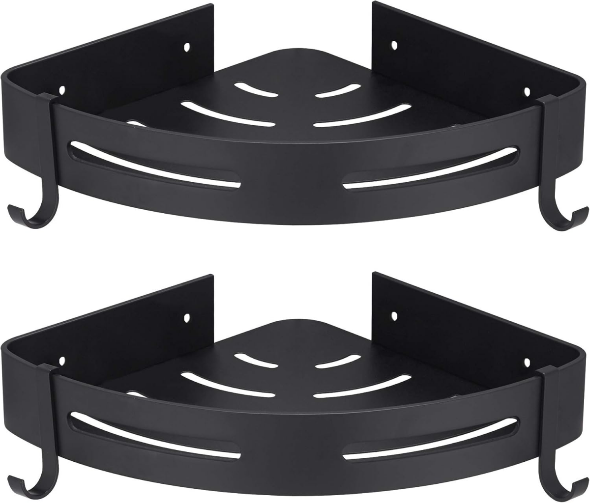Raft de duș de colț negru, aluminiu rezistent la rugină, fără găurire, depozitare pentru baie, accesoriu pentru baie, săpunieră pentru duș, set