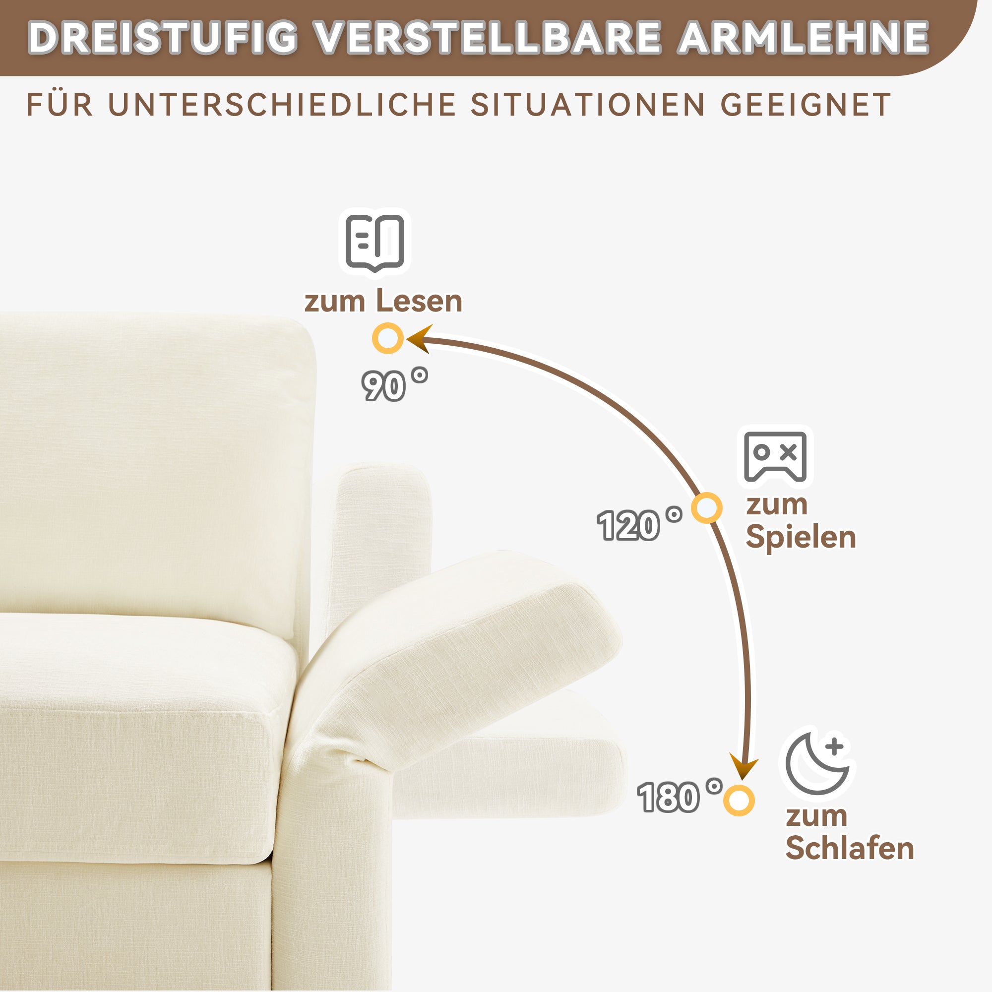 Divano angolare 3 posti con poggiapiedi e braccioli regolabili - 218 x 156,5 x 86 cm - Tessuto ciniglia - Beige - 9