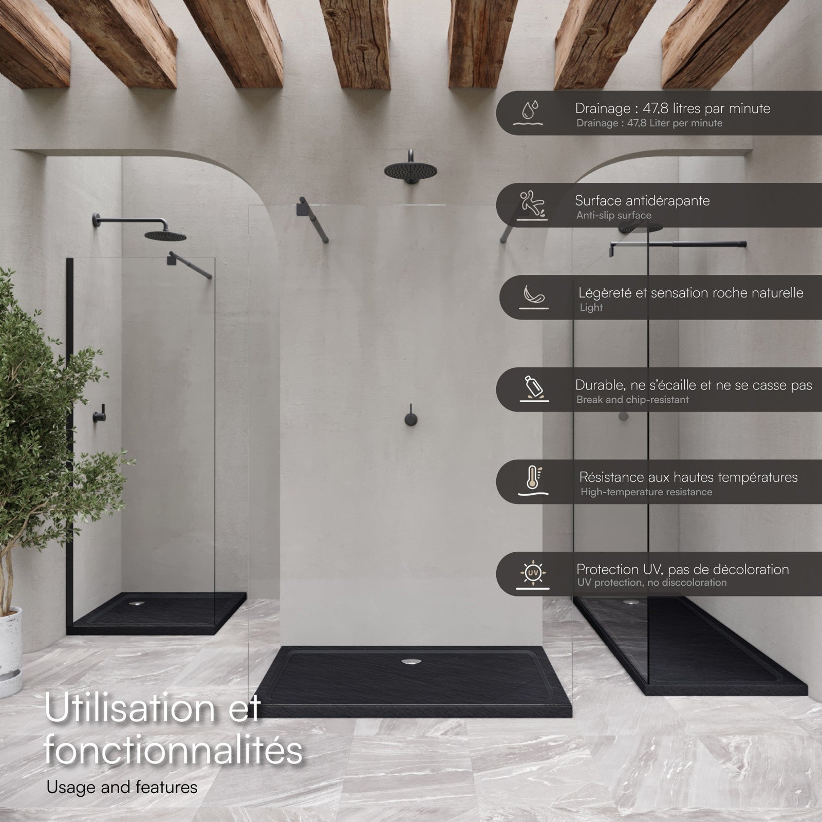 Receveur De Douche Beliani 80x120 Cm - Effet Pierre Noir - SMC - 3 Cm D'épaisseur - NEUF
