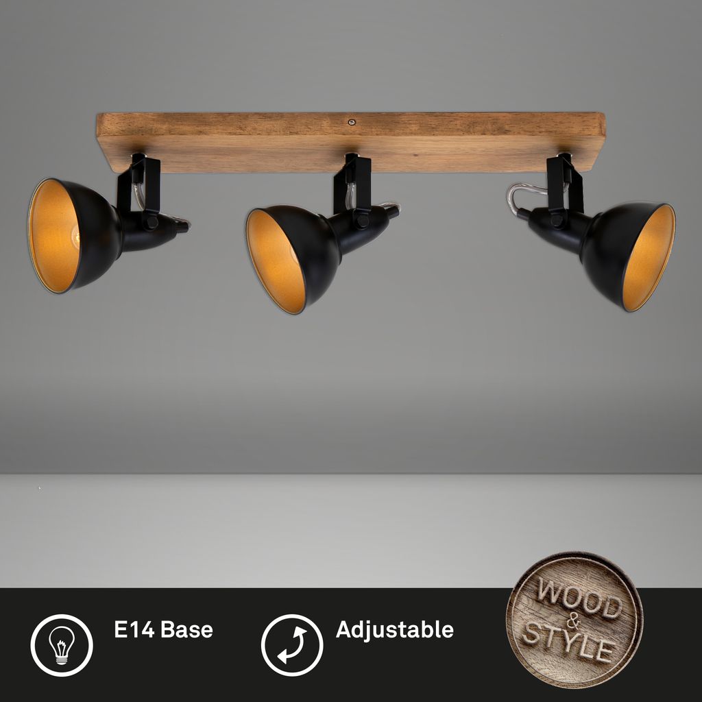 Plafonnier Spot BRILONER LEUCHTEN BARNIM, 25 W, IP20, noir, métal-bois, excl. 3x E14, 50 x 11 x 15,7 cm - 3