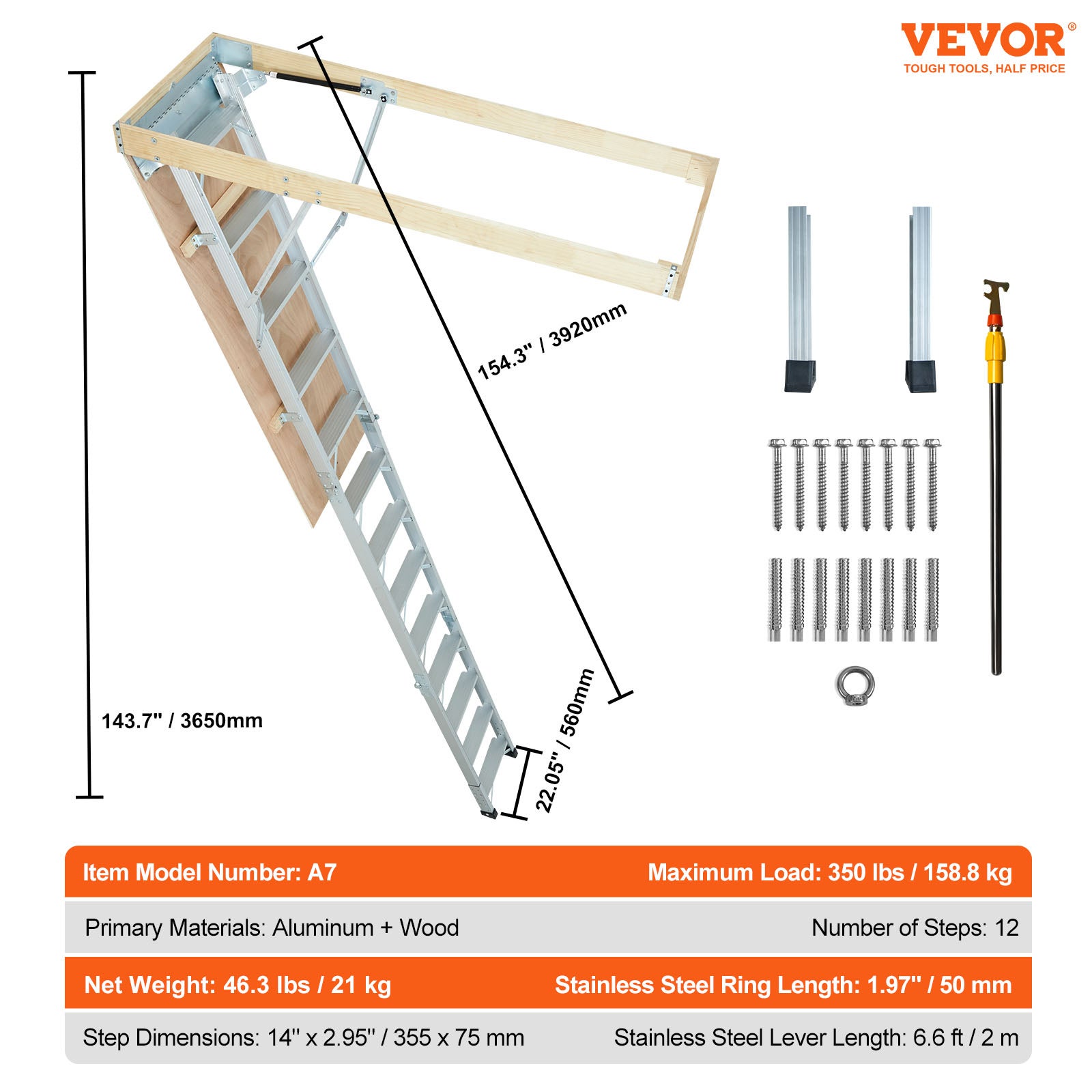 Échelle Télescopique Pliable de Grenier VEVOR en Aluminium Capacité Charge 158,8 kg 570x1600 mm Extension Polyvalente Portable Hauteur d'Installation - 7