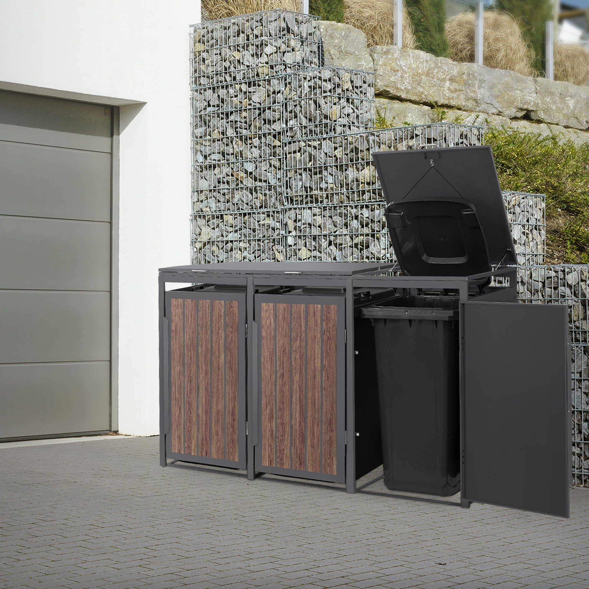 Masca pentru 3 pubele de deseuri ML-Design, de 240L, 196x80x120cm, magazie pubele, din otel, aspect de stejar inchis antracit, cu capac rabatabil 240000ml