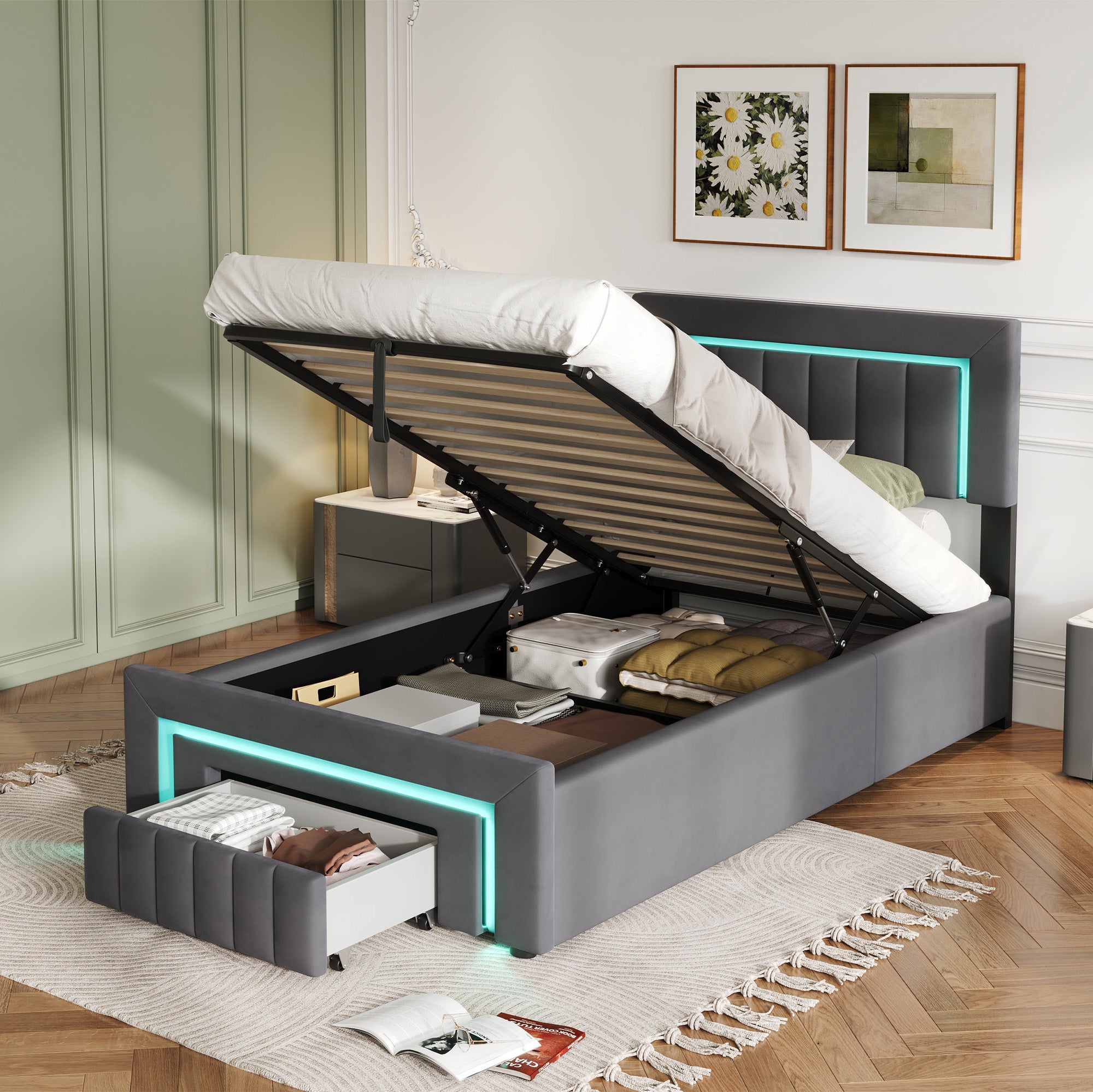 Lit coffre Lit adulte Lit 90x200 cm avec tête de lit LED et USB C avec sommier à lattes Gris | Leroy Merlin