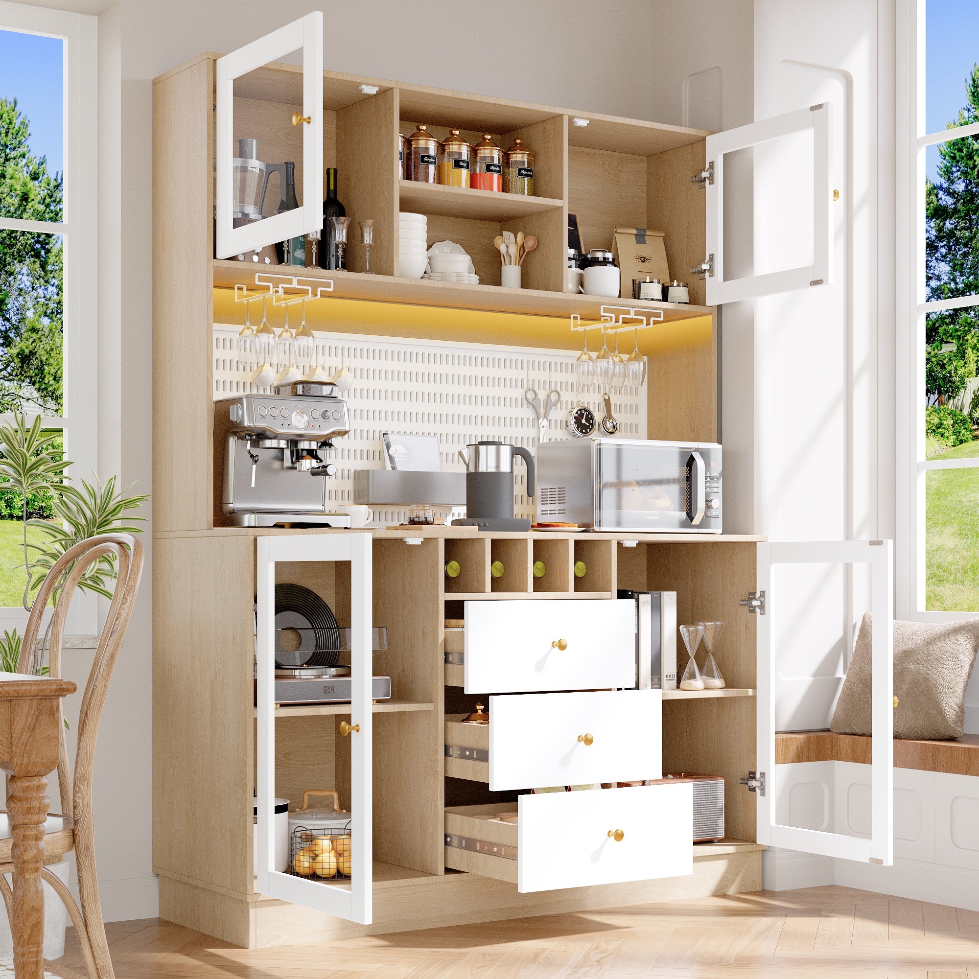 Buffet haute de cuisine avec lumières LED etporte-verres à vin,Armoire haute de cuisine moderne 140×40×185.7cm,Avec tiroir et étagère réglable,Blanc - 7
