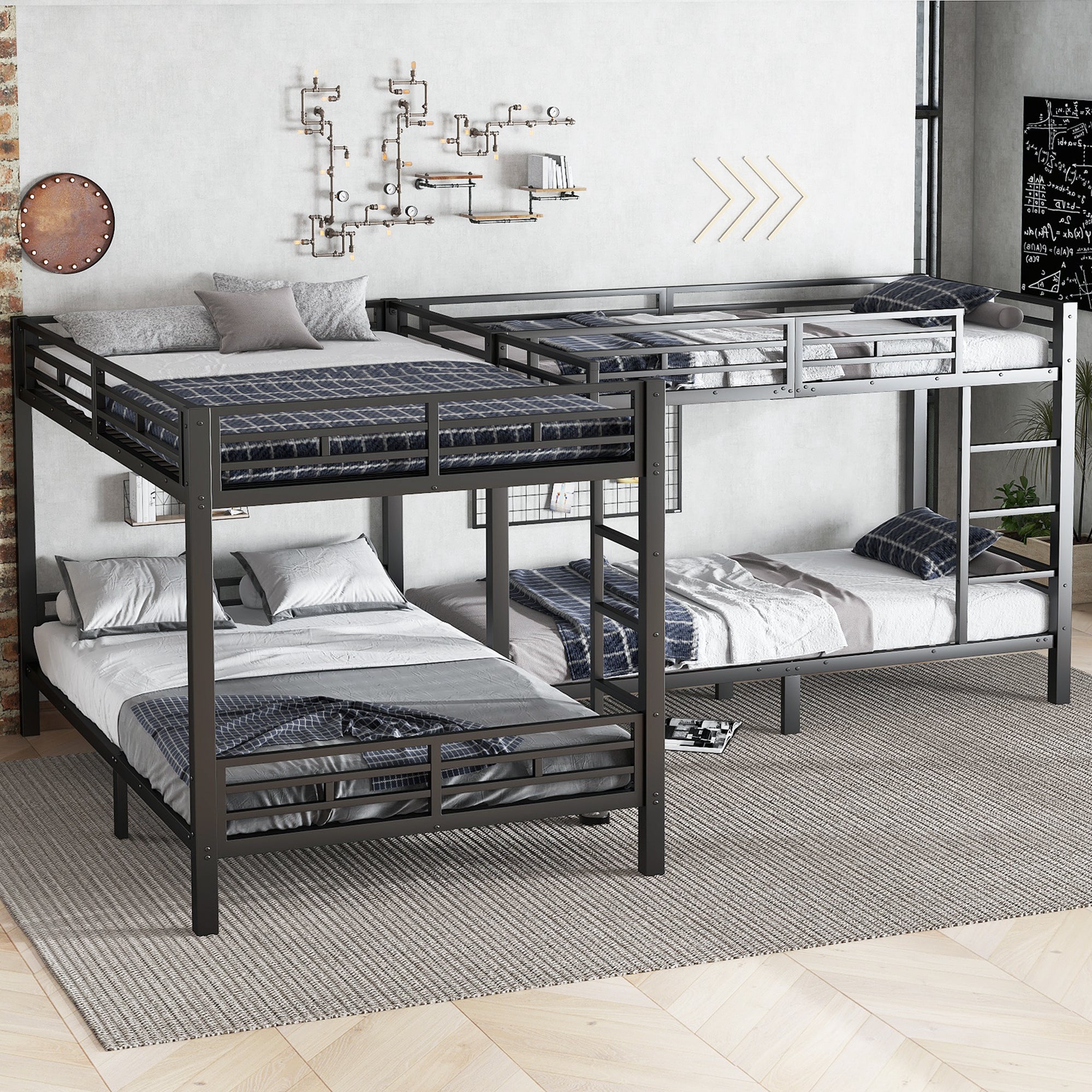 Letto a castello 90x200cm/140x200cm scala 3 gradini configurazione multipla rete a doghe stabile metallo e legno nero (Senza materasso) - 9