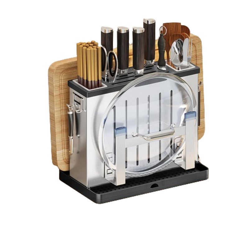 Organizer na noże, wielofunkcyjna półka kuchenna, stal nierdzewna 304, model blatowy, z uchwytem na pokrywkę, 30*26,3*16 cm, srebrny