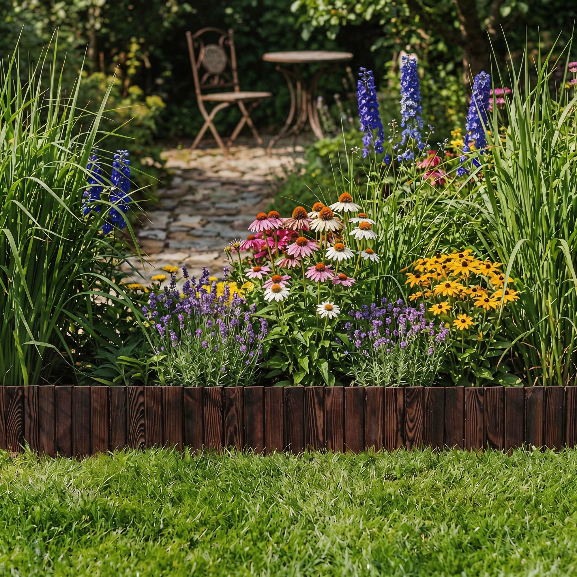 BOGATECO Lot de 3 bordures de jardin en bois avec lattes | 20 cm de haut et 112 cm de long | Bordure de jardin ou délimitation d'allée | Brun - 7