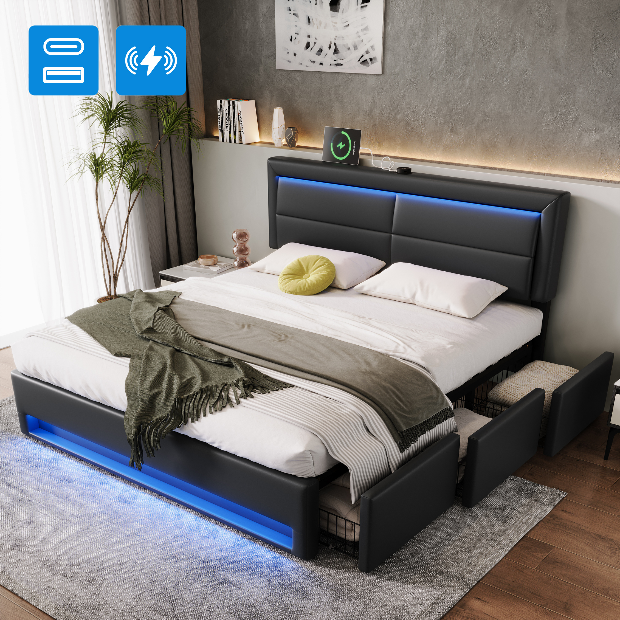 Letto Matrimoniale Imbottito Con Contenitore E Luci LED - Bianco - 146x202 Cm - Con Ricarica USB E Testiera Regolabile - 2