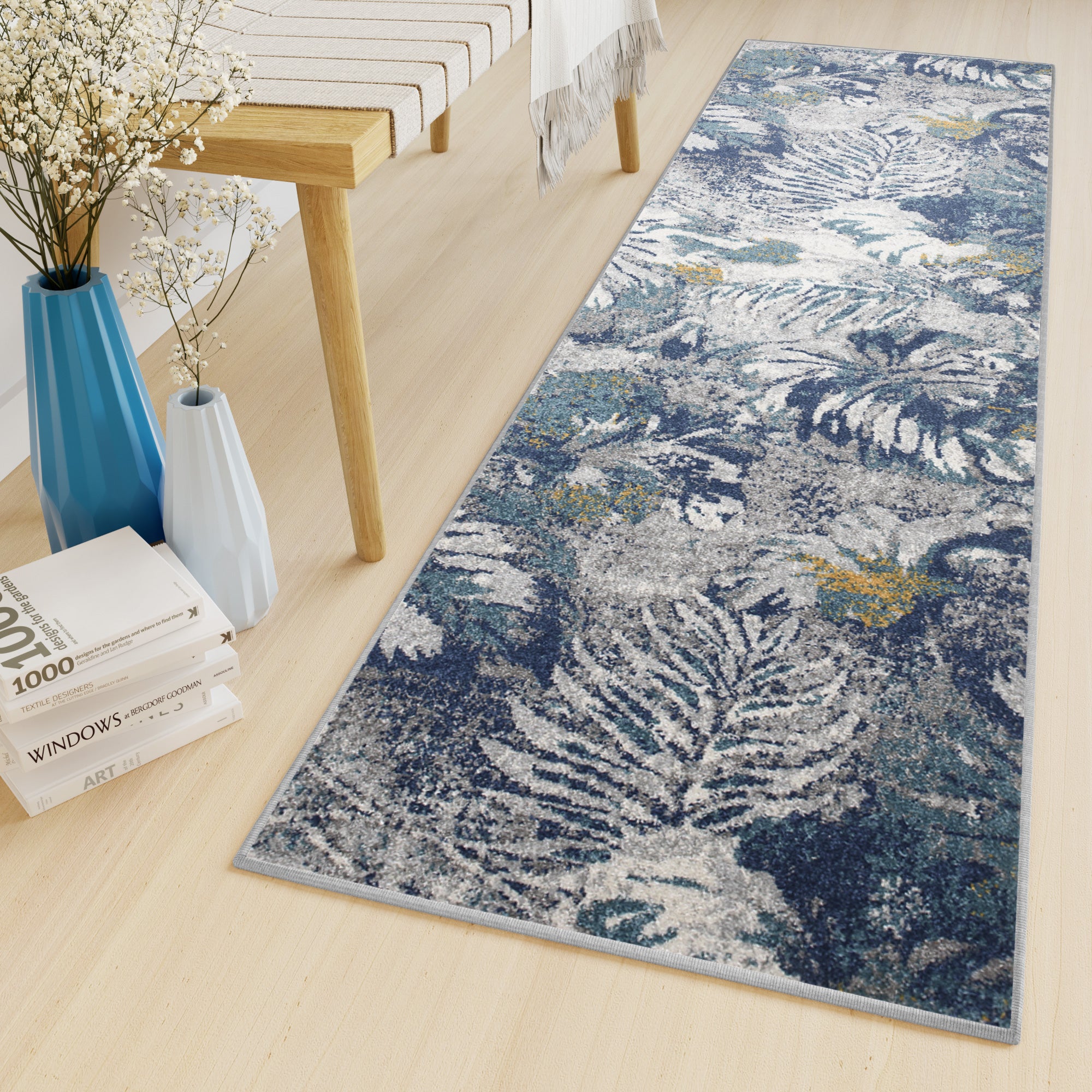 TAPISO Lazur Tapis de Couloir Bleu Gris Crème Fleurs Polypropylène