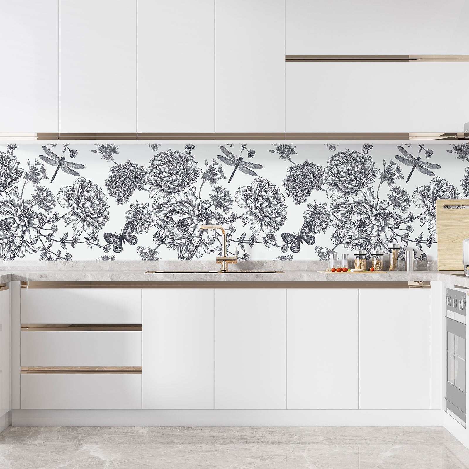 Crédence adhésive sticker décoratif pour cuisine - Fleurs papillons - Adhésif MAT - 90x135 cm - 3