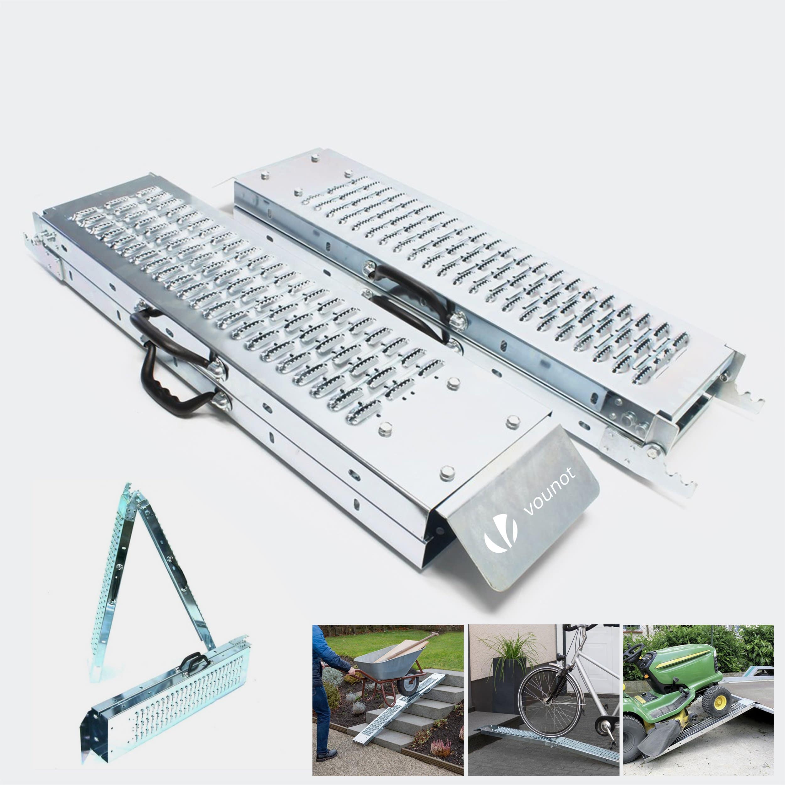 Lot de 2 Rampes de chargement pliable 160cm en acier galvanisé - 400kg max - Rampe d'accès antidérapante avec poignée - VOUNOT® - 8