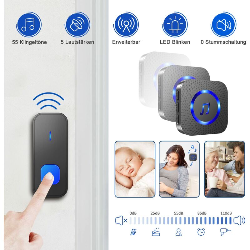 Sonnette sans Fil, 400M Sonnette de Porte IP55 Étanche Carillon Electronique, 55 Mélodies au 5 Niveaux Volumes, LED Bleu Noir - 3