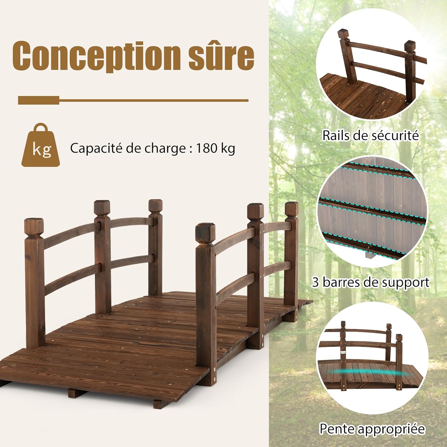 Pont de Jardin en Bois de Sapin, avec Balustrade et Fond Renforcé, Pont Décoratif Carbonisé Résistant aux Intempéries - 5