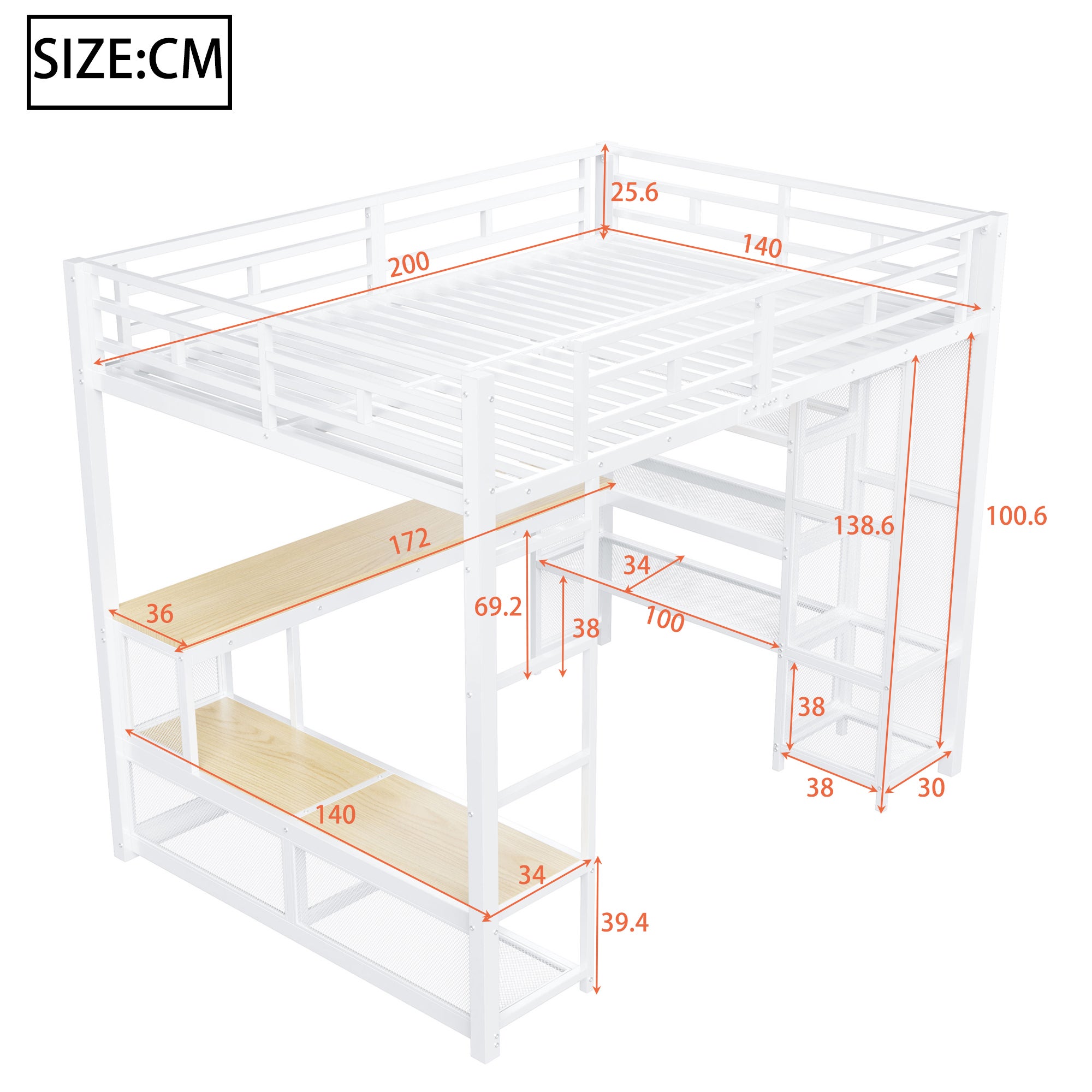 Metalowe łóżko piętrowe 140x200 cm - z biurkiem i półkami - z otwartą szafą - portem USB i oświetleniem LED - białe - 5