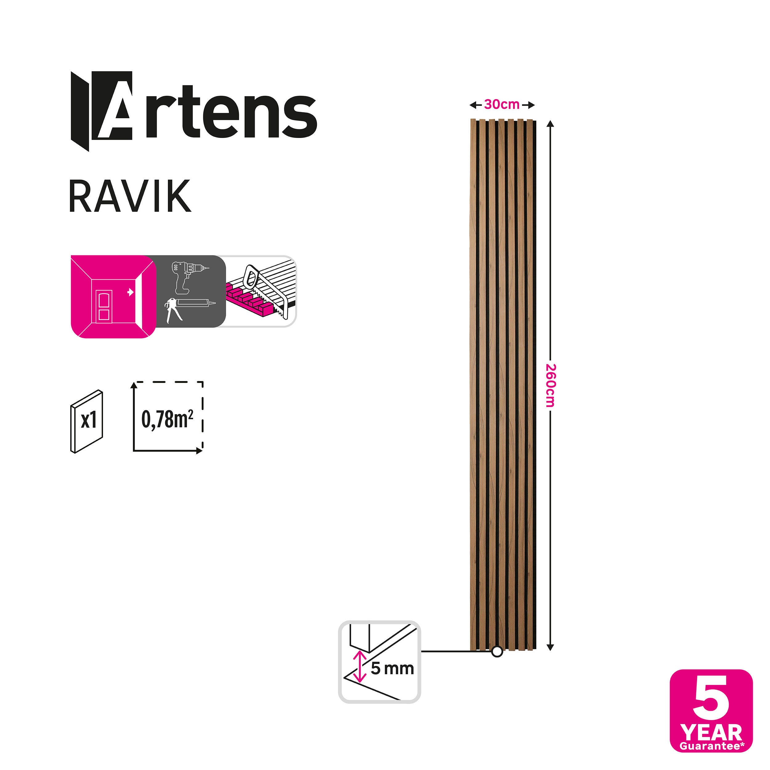 Pannello decorativo per pareti MDF noce RAVIK - 30 x 260 cm - 0,78 m² - ARTENS - 6