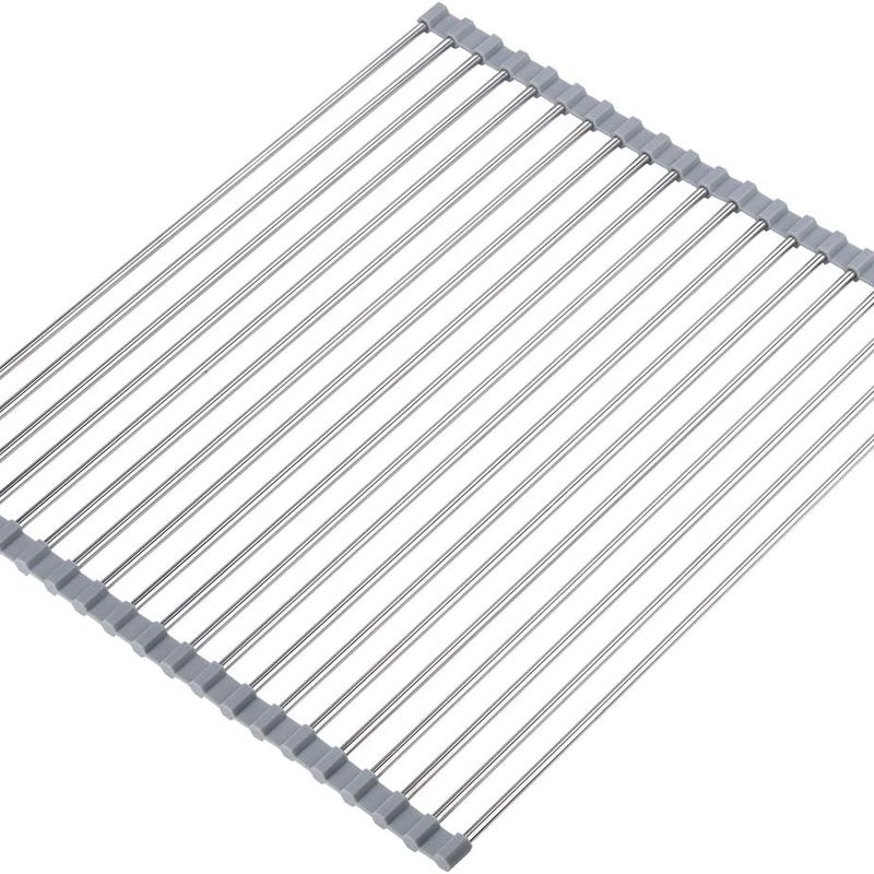 Szara składana suszarka do naczyń, 20 rurek 47 x 40 cm, 1 mata na blat kuchenny, składana suszarka do naczyń, ociekacz ze stali nierdzewnej