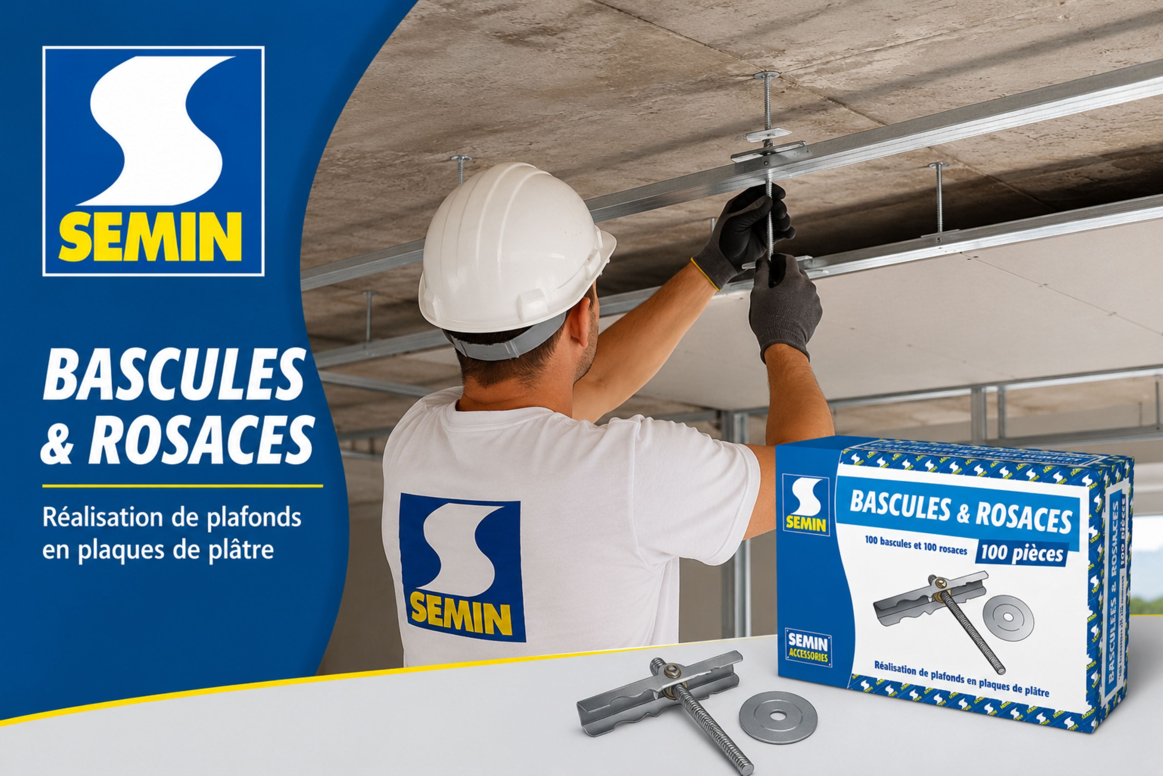 SEMIN Rosace et Bascule Plafond Suspendu - Boîte de 100 Pièces - Accessoire de Fixation pour Plaque de Plâtre - Pose Rapide sur Tige Filetée M6 - 3