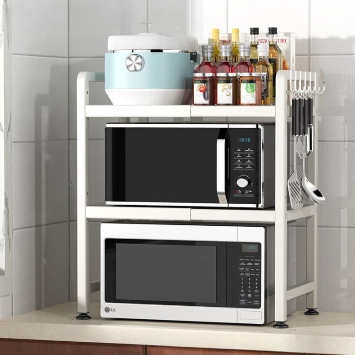 Podwójna półka mikrofalowa z 6 haczykami – stal węglowa, odporna na rdzę i zabrudzenia, regulowana wysokość, kolor biały