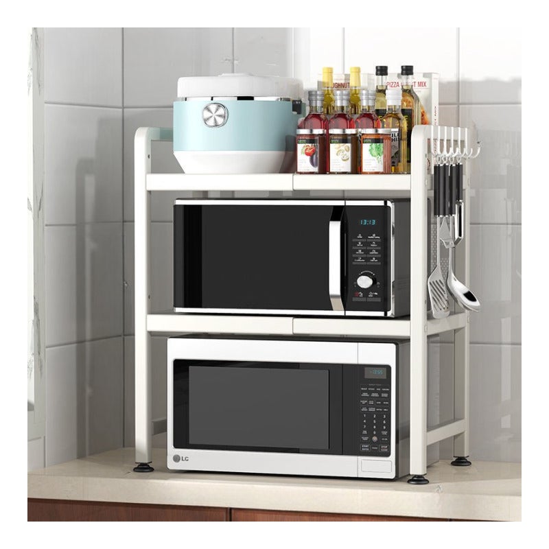Podwójna półka mikrofalowa z 6 haczykami – stal węglowa, odporna na rdzę i zabrudzenia, regulowana wysokość, kolor biały
