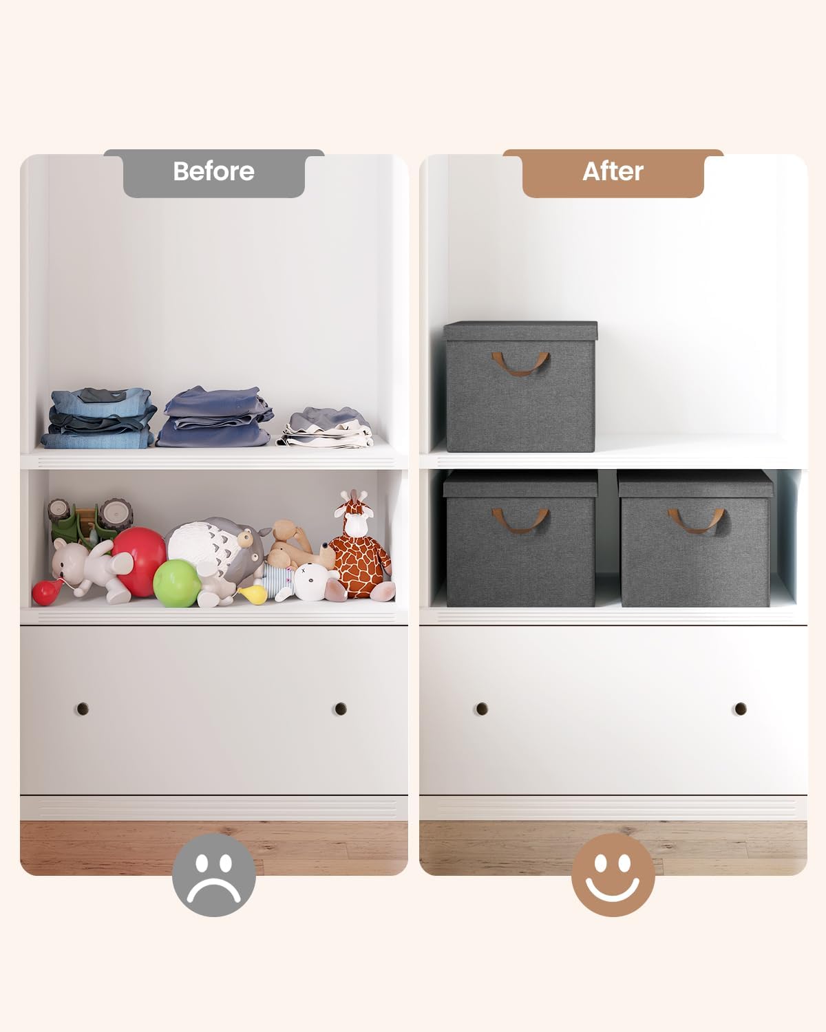 WOLTU Lot de 3 Boîte de Rangement 48x36x30cm en Tissu non Tissé，Caisse Rangement Pliable，Coffre de Rangement avec Poignée，Couvercle Amovible，Gris - 3