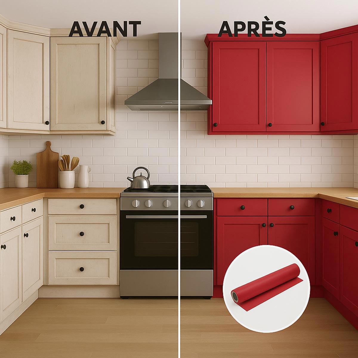 Rotolo adesivo in vinile impermeabile al metro - Adesivo lavabile per cucina, mobili, armadi, porte - 60cmx40m - Rosso ciliegia - 3