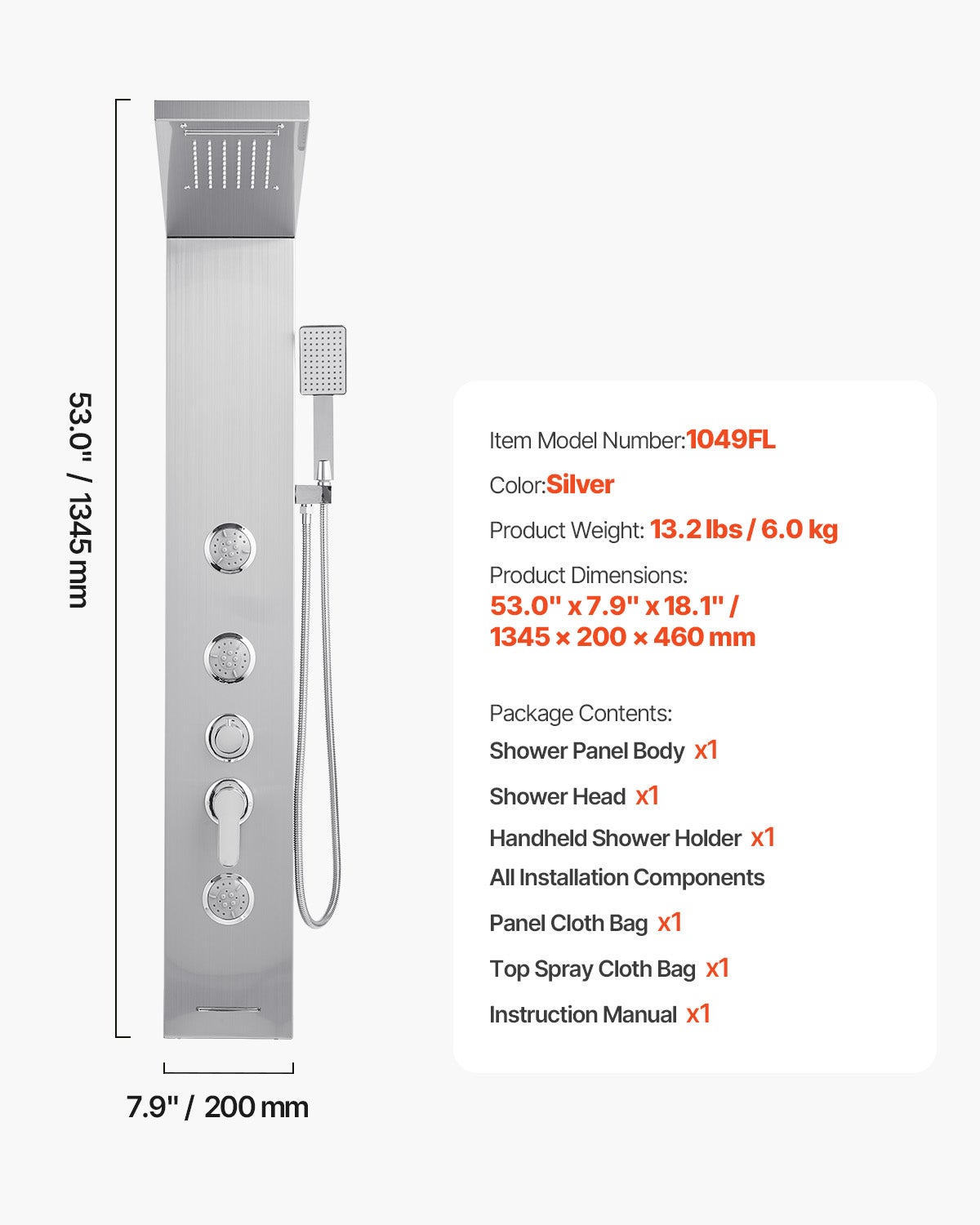 Coluna de Duche VEVOR em Aço Inoxidável Escovado, com Chuveiro de Efeito Chuva, Sistema de Painel de Parede, Torneira com 5 Funções - 7