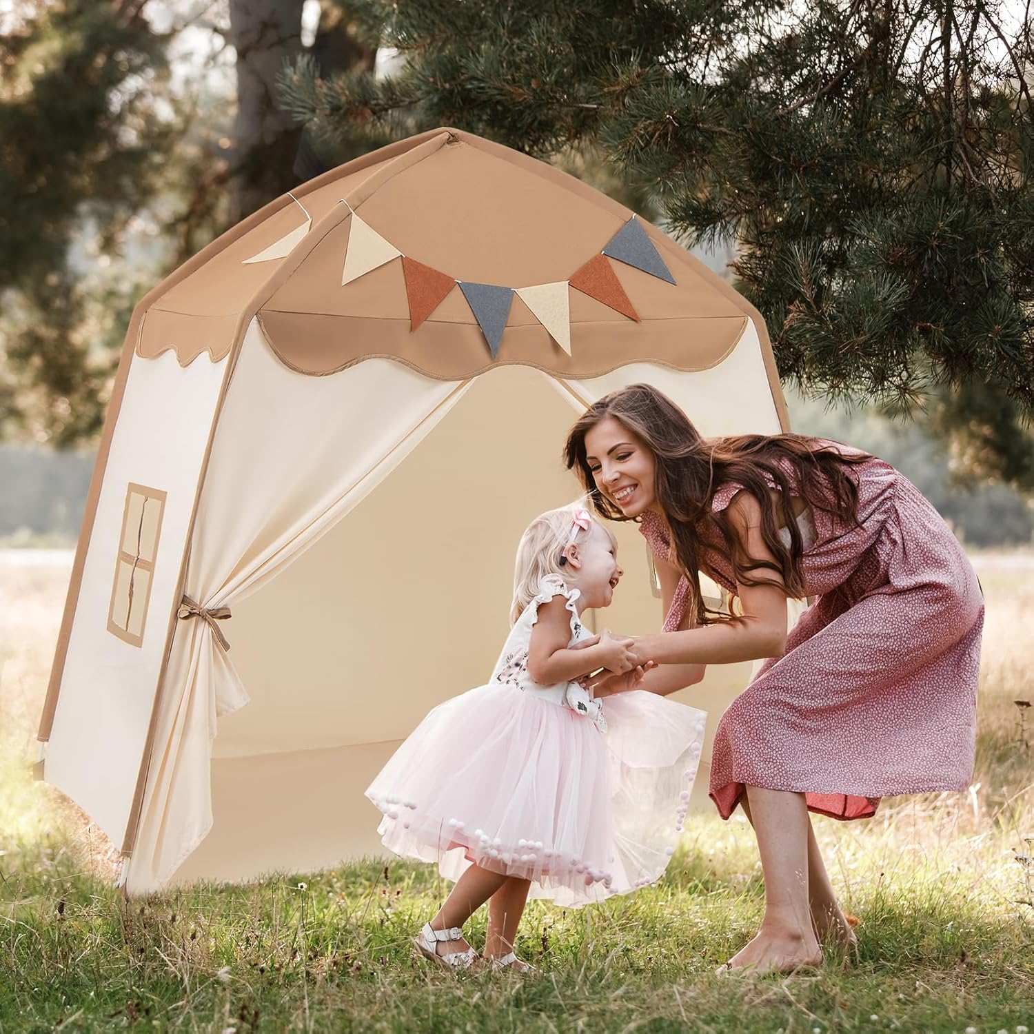 Tenda per bambini grande, casetta da gioco per bambini da interno ed esterno con luci, bandiere, 2 porte, 2 finestre, tenda indiana lavabile in lavatr - 9