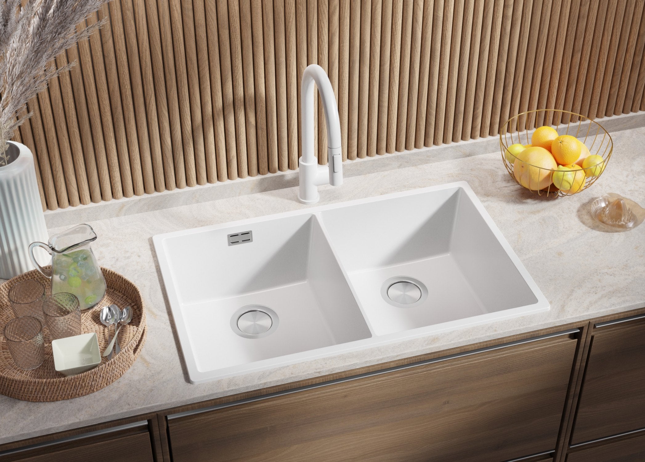 Lavandino da Cucina Bianco 76x47cm, Lavello in Granito a 2 vasche + Sifone Classico + Accessori, Lavabo da Cucina Incasso al mobile 80cm PRIMAGRAN - 2