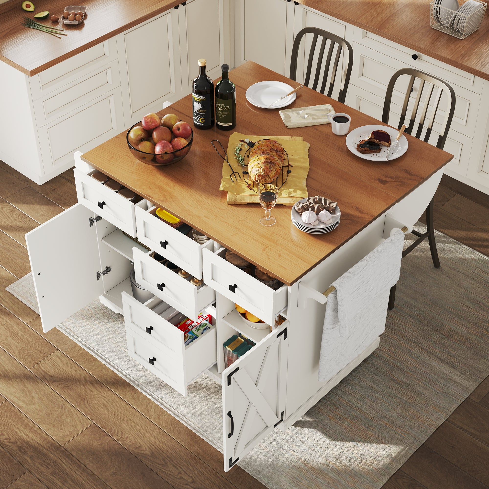Mobilna wyspa kuchenna z 2 drzwiami i 5 szufladami - 120 x 44/70 x 93 cm - Wysuwany blat - MDF i metal - Biały
