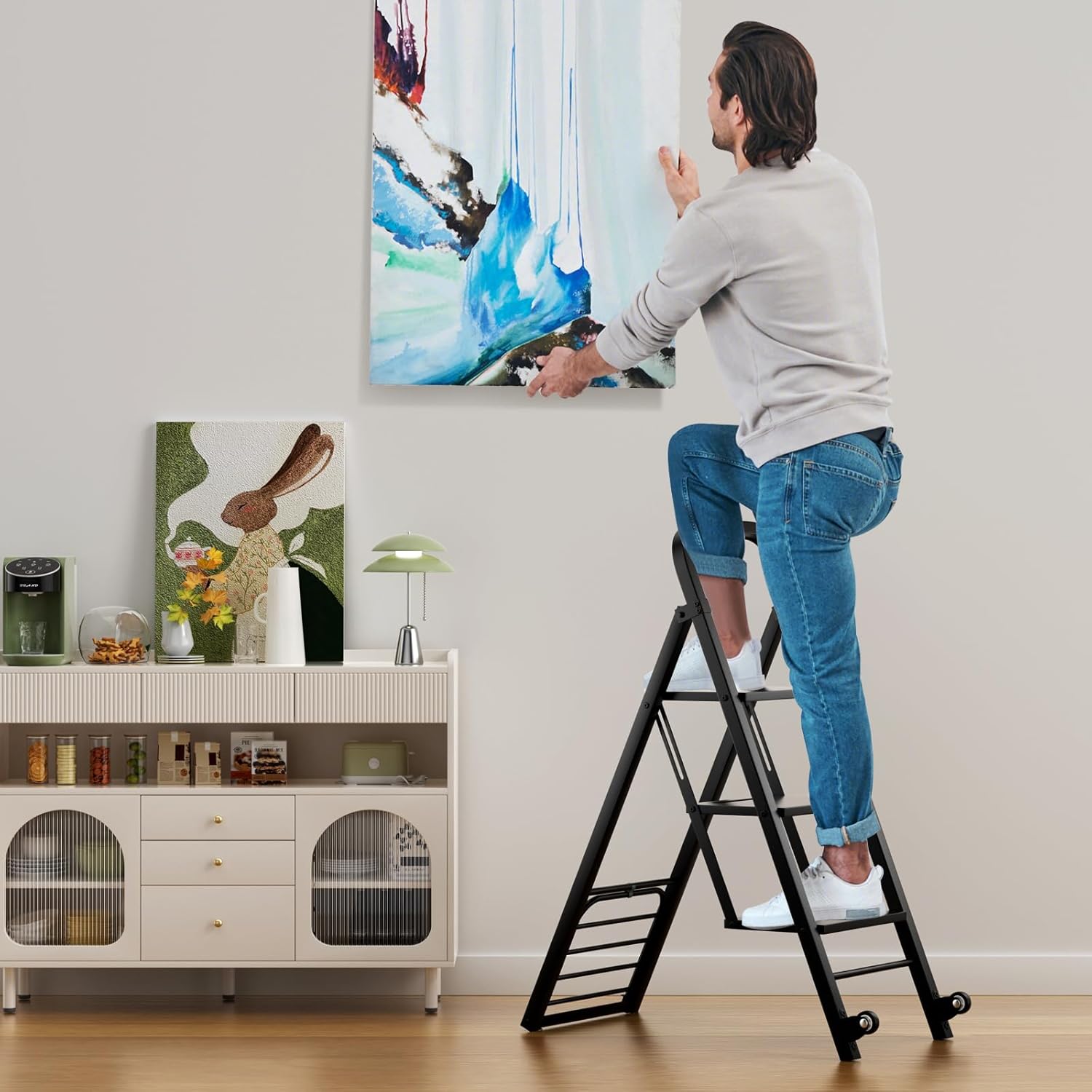 Escabeau Pliable à 3 Marches, Chariot Echelle 2 en 1 avec 2 Roues en Caoutchouc, Chariot Utilitaire en Fer, Charge 250Kg, Noir - 9