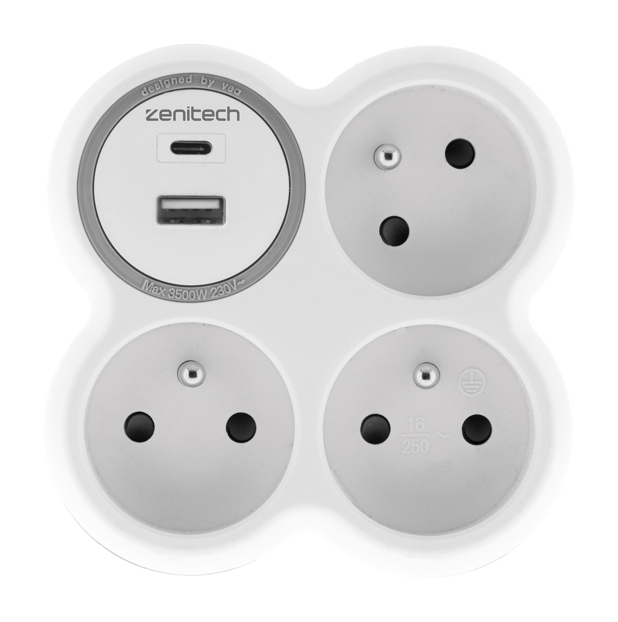 Prise 3x16A + 2 ports USB A/C - Blanc et Gris - Bolea - Zenitech - 2