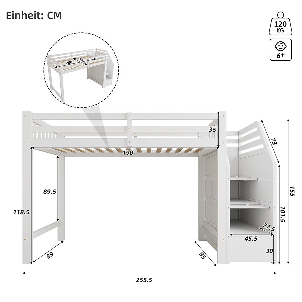 Lit en mezzanine 90x200 cm, avec sommier à lattes, rails, marches escamotables, espace librement combinable sur demande, certifié EN 747, blanc - 3