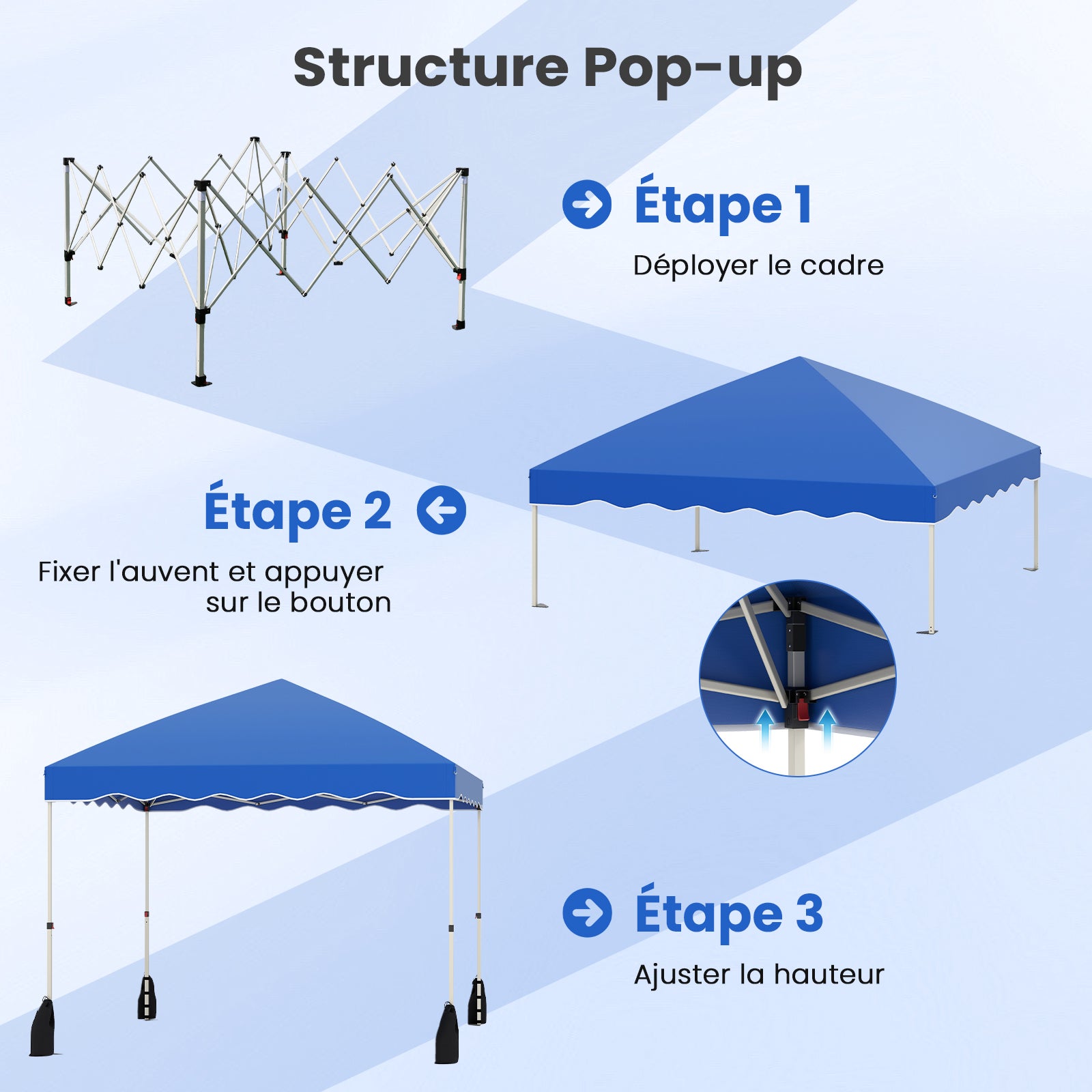 Carpa Plegable 3x3 m Impermeable, Cenador Jardin con Bolsa de Transporte sobre Ruedas, Altura Ajustable, Pergola Exterior con 4 Sacos de Arena, (Azul) - 5