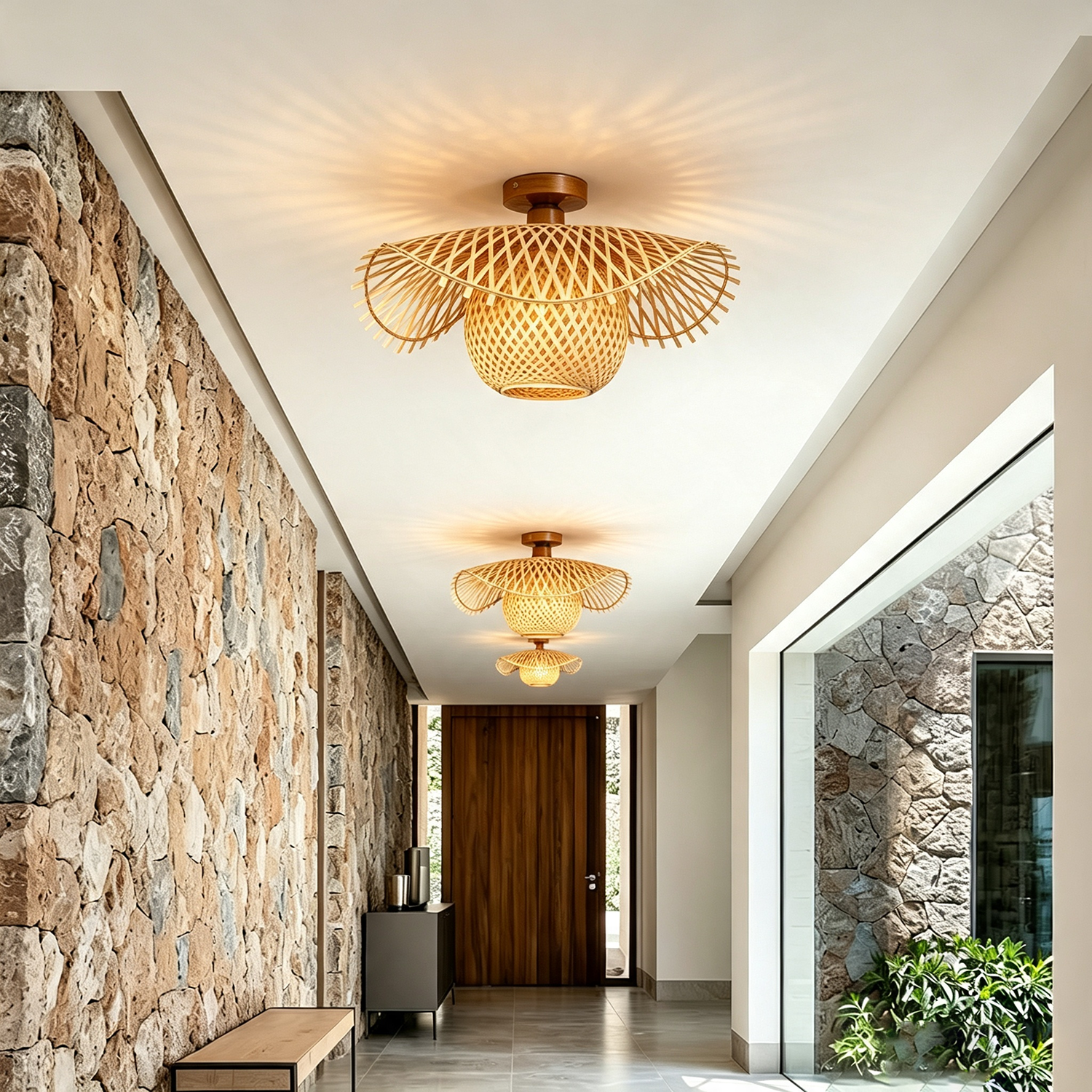 Lustre en bambou tressé (ampoule incluse), plafonnier style bohème, petite lampe décorative pour salle à manger, cuisine et couloir – Ø 45 cm - 3