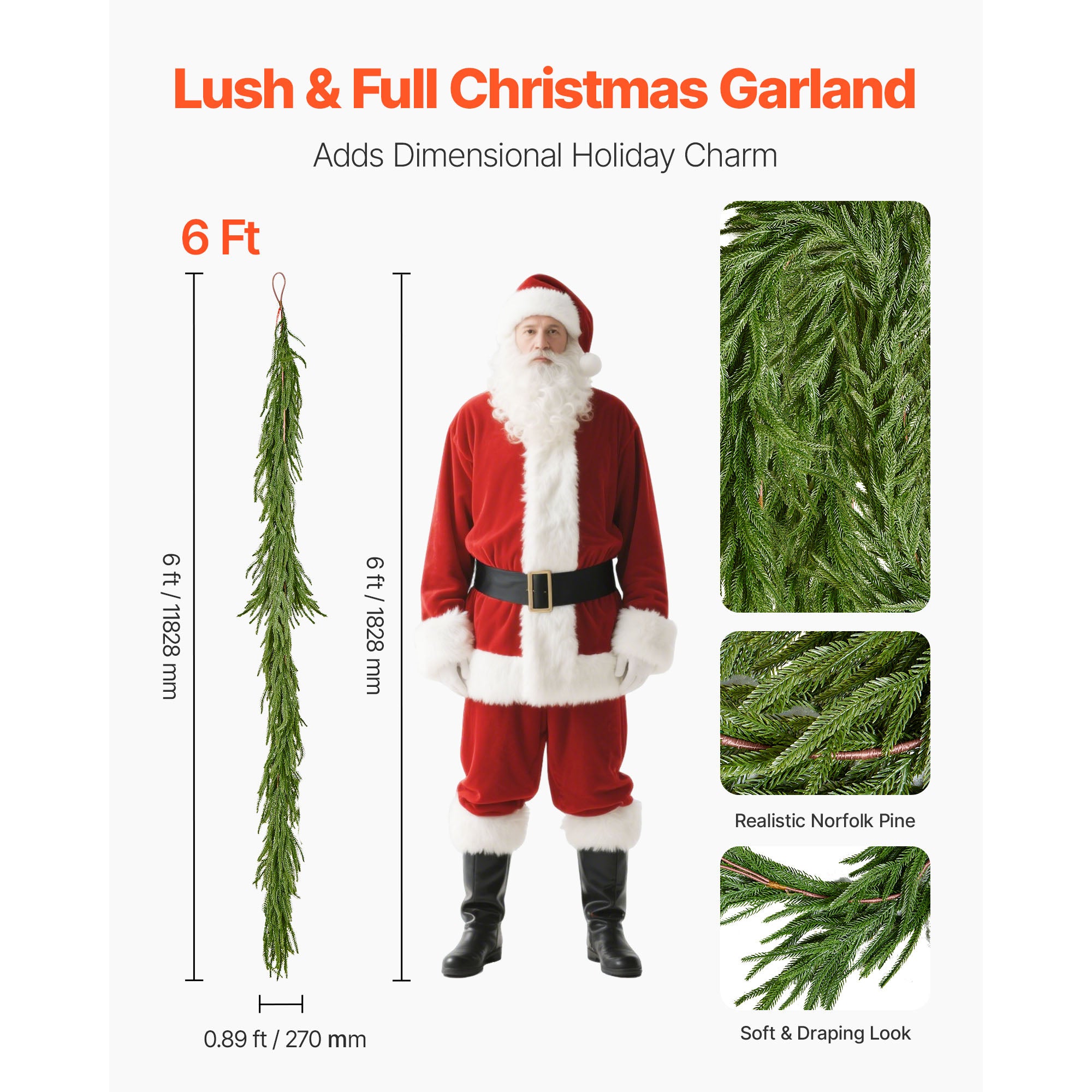 Guirnalda navideña SucceBuy de 1,8 m, guirnalda artificial de pino Norfolk, decoración verde para interior y exterior, ideal para mesas - 2