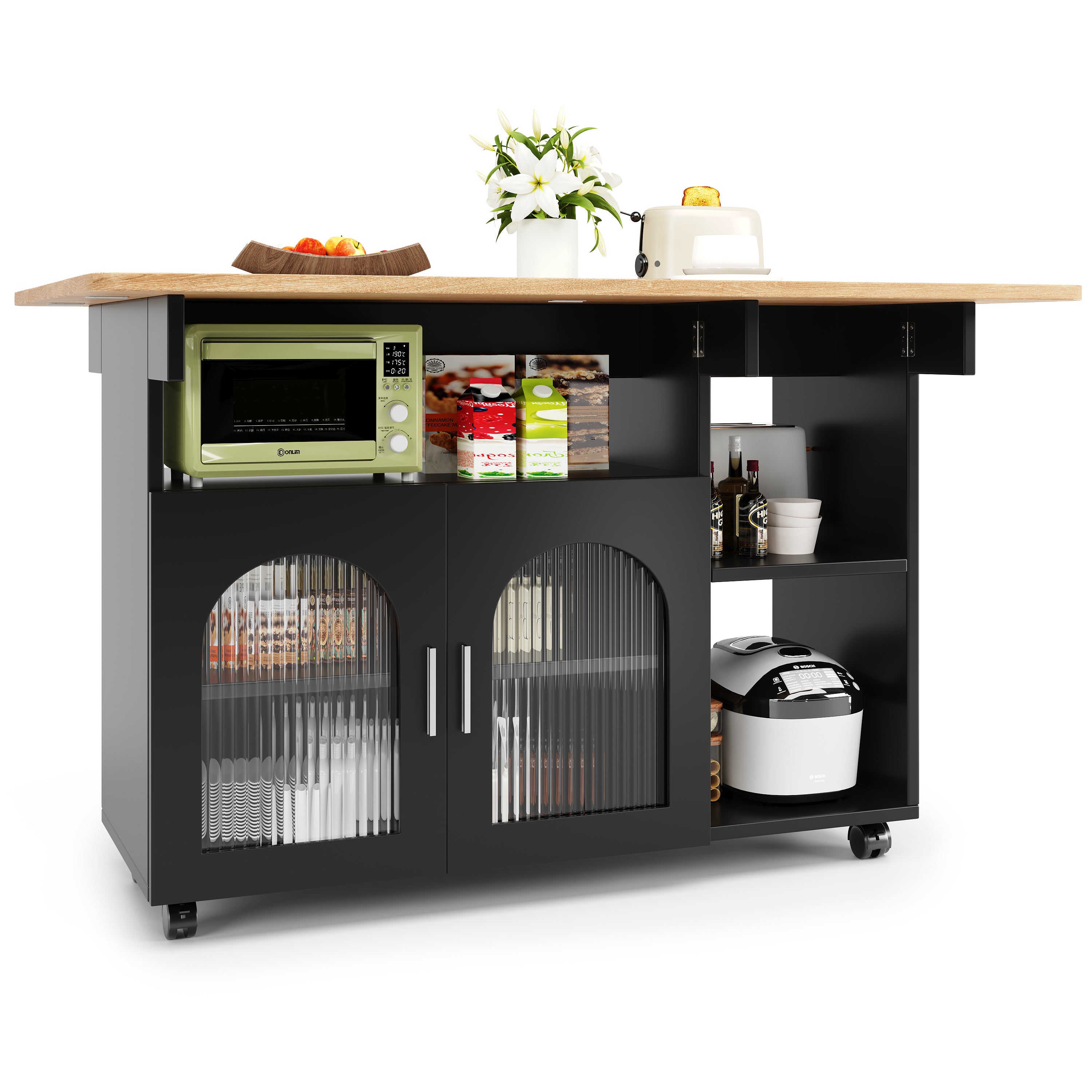 Ilot central de cuisine mobile avec 2 portes et étagères ouvertes - Plateau extensible - 120x30(70)x79.5cm - Bois MDF - Noir et naturel - 6