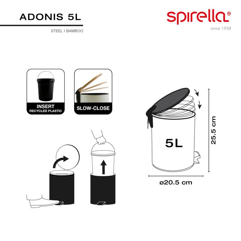Poubelle à pédale Acier & Bambou ADONIS 5L Blanc Spirella - 5