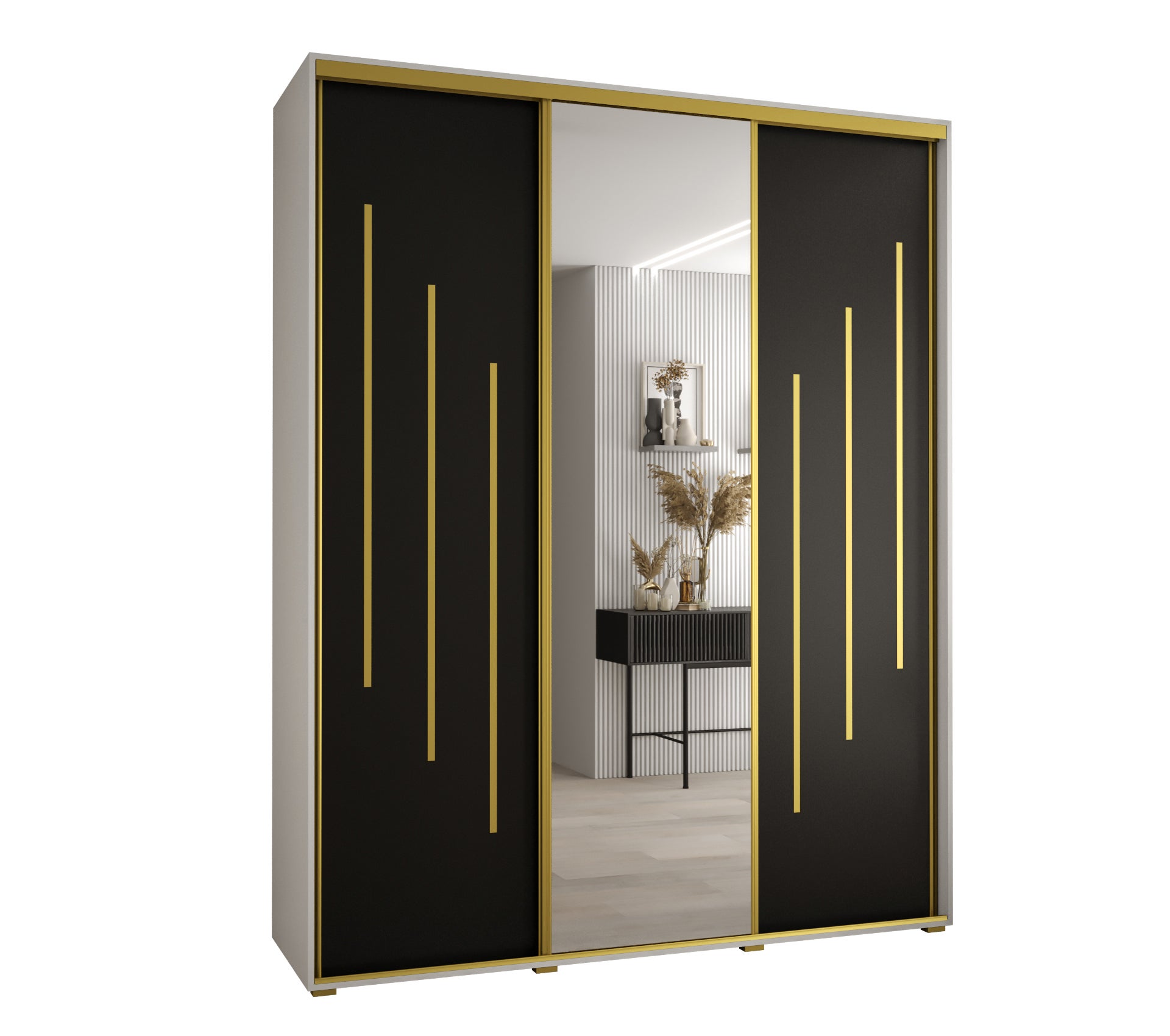 Szafa przesuwna z lustrem wysoka Davos 9 200 x 60 x 235,2 cm biały + czarny + u. złoty - Abiks Meble