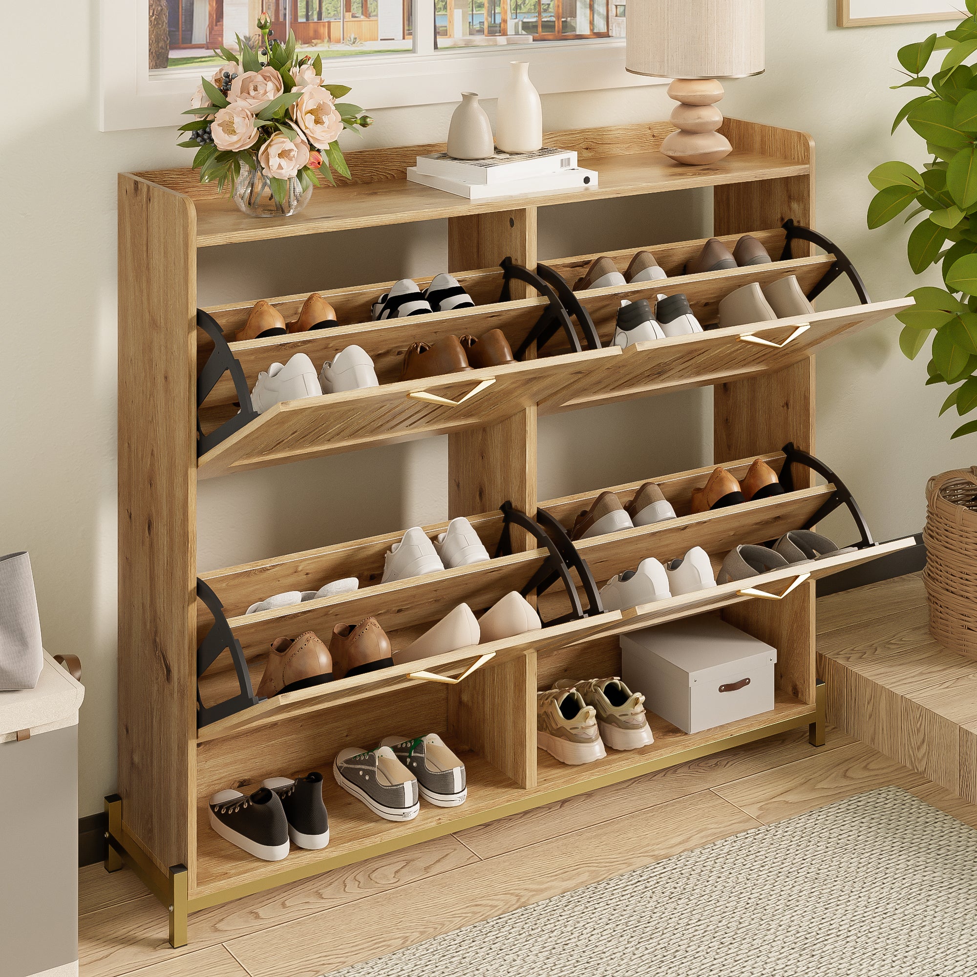 Szafa na buty 108.5x24x100 cm - 4 fronty - Konstrukcja metalowa - Górna półka - MDF - Kolor naturalny - 2