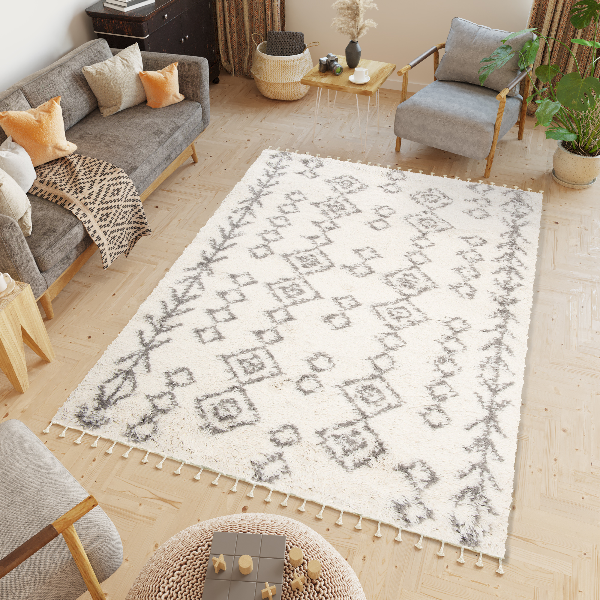 Tapiso boho alfombra salón dormitorio crema gris etnico marroquí borlas trenzas gorda shaggy 160 x 220 cm
