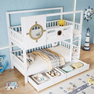Lit Superposé Enfant Avec Toboggan Et 2 Tiroirs – Cabane 90x200 Cm – Pin Et MDF – Sécurité Barrières Hautes – Blanc Naturel