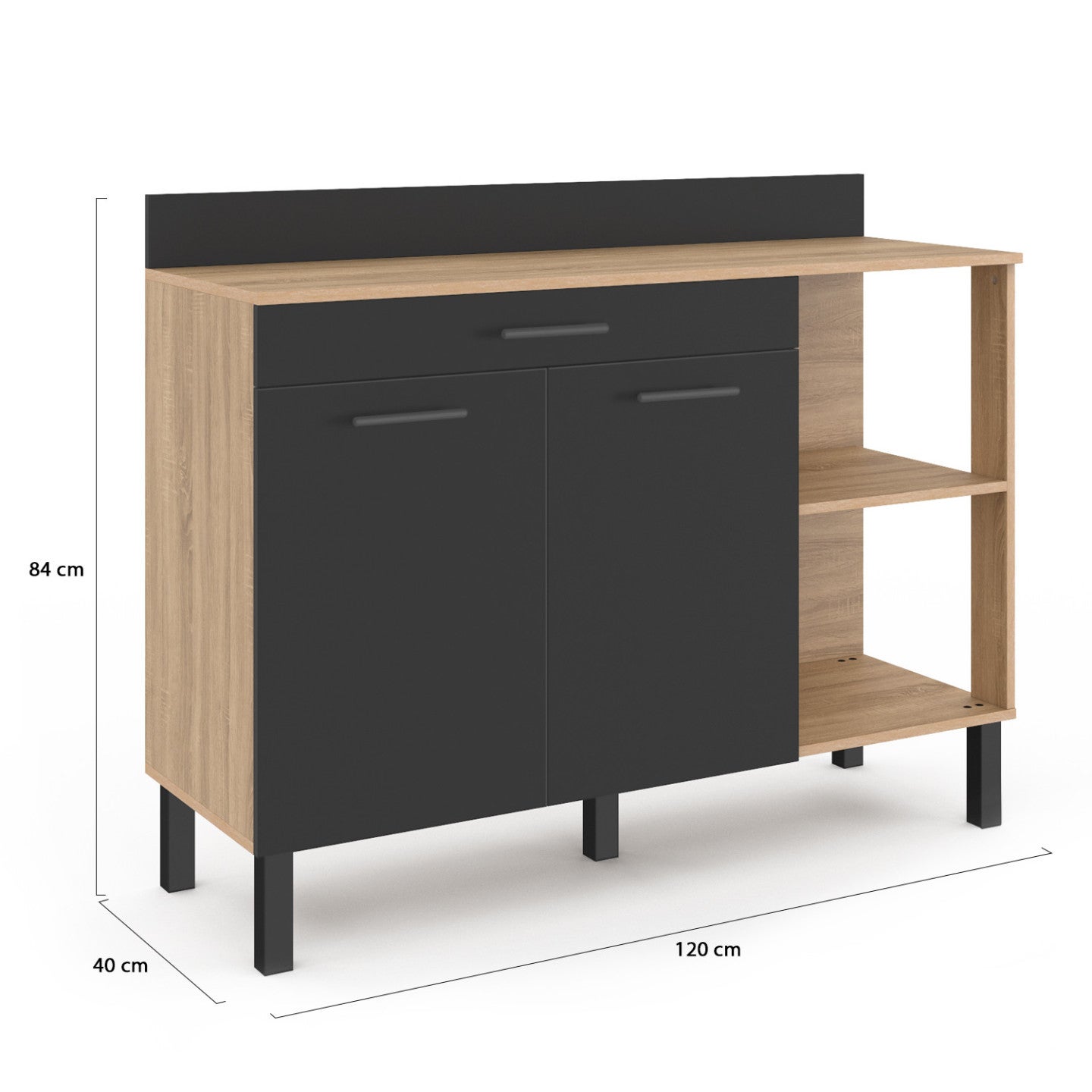 Buffet bas de cuisine 120 CM CINA plan de travail H.83 cm 2 portes + tiroir façon hêtre et noir - 5