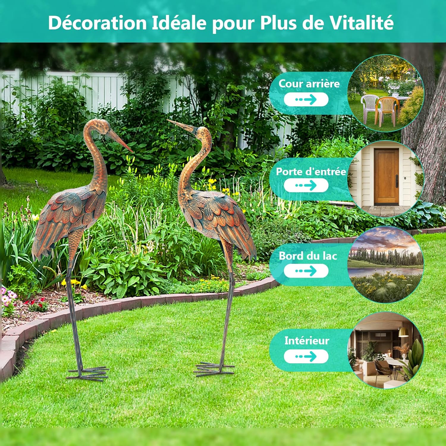 Statue de Grue Debout Lot de 2 pour Jardin Cadre en Métal Imperméable, Sculptures Extérieure Plumes de Couleur Dégradée Animaux Realiste - 8