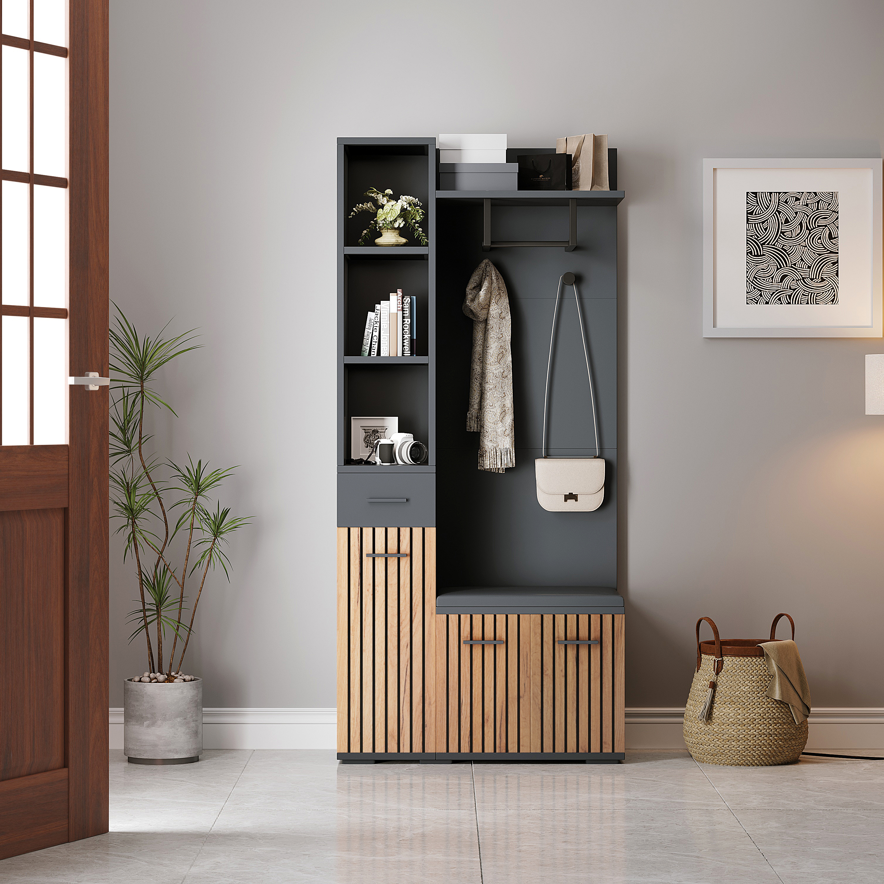 Ensemble meuble à chaussures avec 3 portes, banc à chaussures et porte-manteau - 80 x 35 x 175 cm - Panneau de particules - Noir + naturel - 2