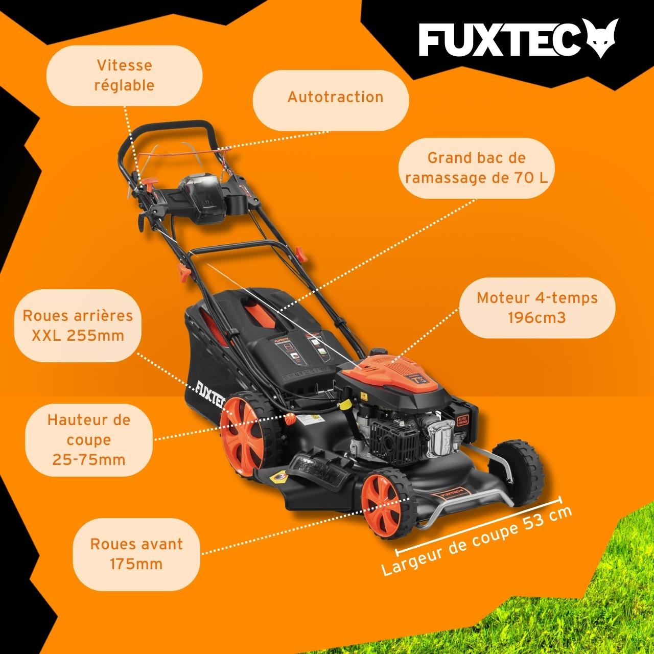 Tondeuse à gazon thermique autotractée FUXTEC FX-RM5396esPRO – 196 cm³ – 53 cm – Démarrage électrique – Vitesse réglable – Bac 70L – 6CV - 6