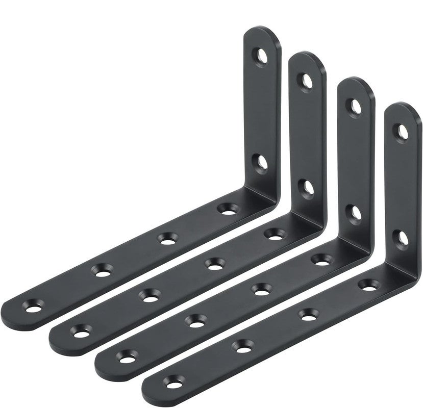 Zestaw 4 uchwytów półkowych, wytrzymałych, w kształcie litery L, ze stali nierdzewnej, matowoczarne wykończenie (125 mm x 75 mm, grubość 3 mm).