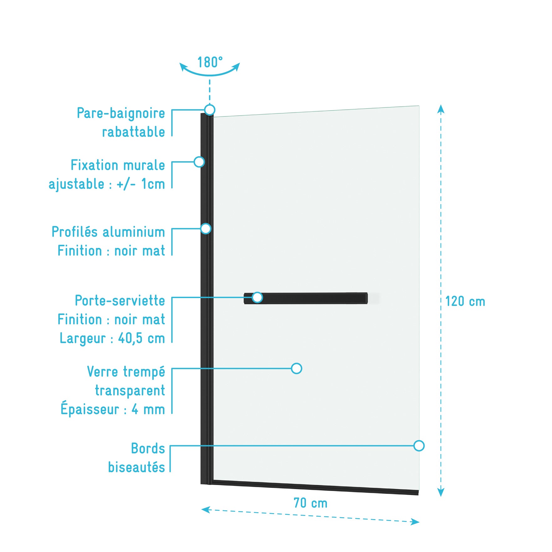 Pare baignoire Rabattable avec porte-serviette 70x120 cm - Profilé Noir Mat - Verre 4 mm - 4