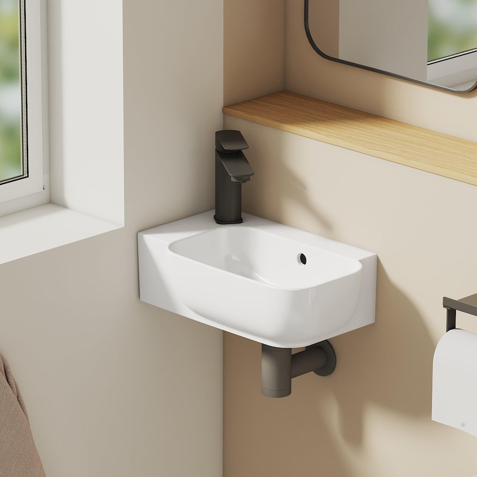 EMKE Lavabo mural rectangulaire en céramique 40 x 25 x 14 cm, trou de robinet à gauche, avec trop-plein, blanc brillant - 2