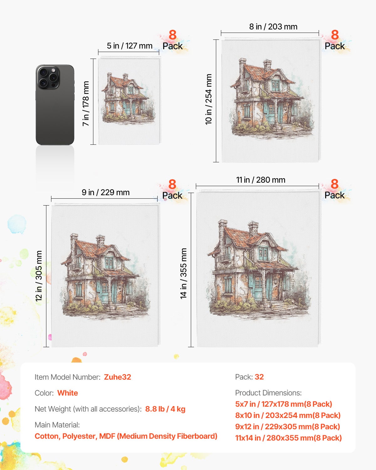 Toile Blanche Peinture,Lot de VEVOR 32,4 Tailles,Toile à Peindre pour Croquis,Peinture Acrylique et à l'Huile,pour Enfants et Professionnels - 7