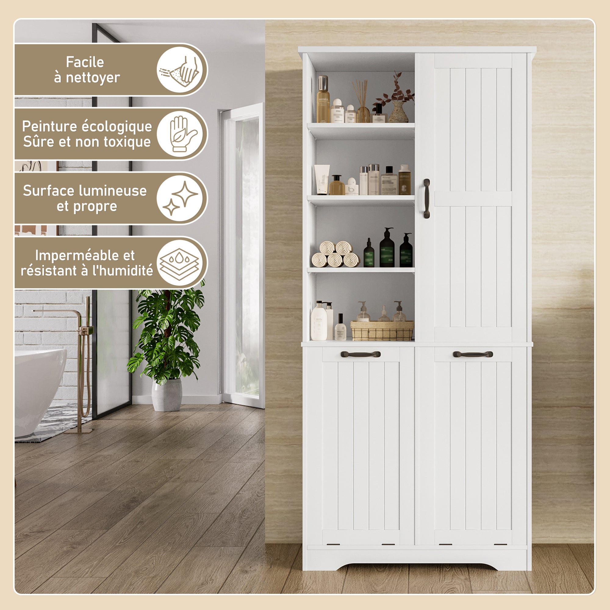 Meuble salle de bain avec 2 panier à linge, Armoire salle de bain avec 4 compartiments ouverts, Meuble colonne MDF Blanc（78x35x172cm） - 5